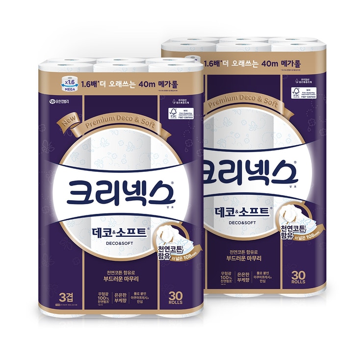 크리넥스 데코&소프트 3겹 화장지 40m x 30롤 x 2